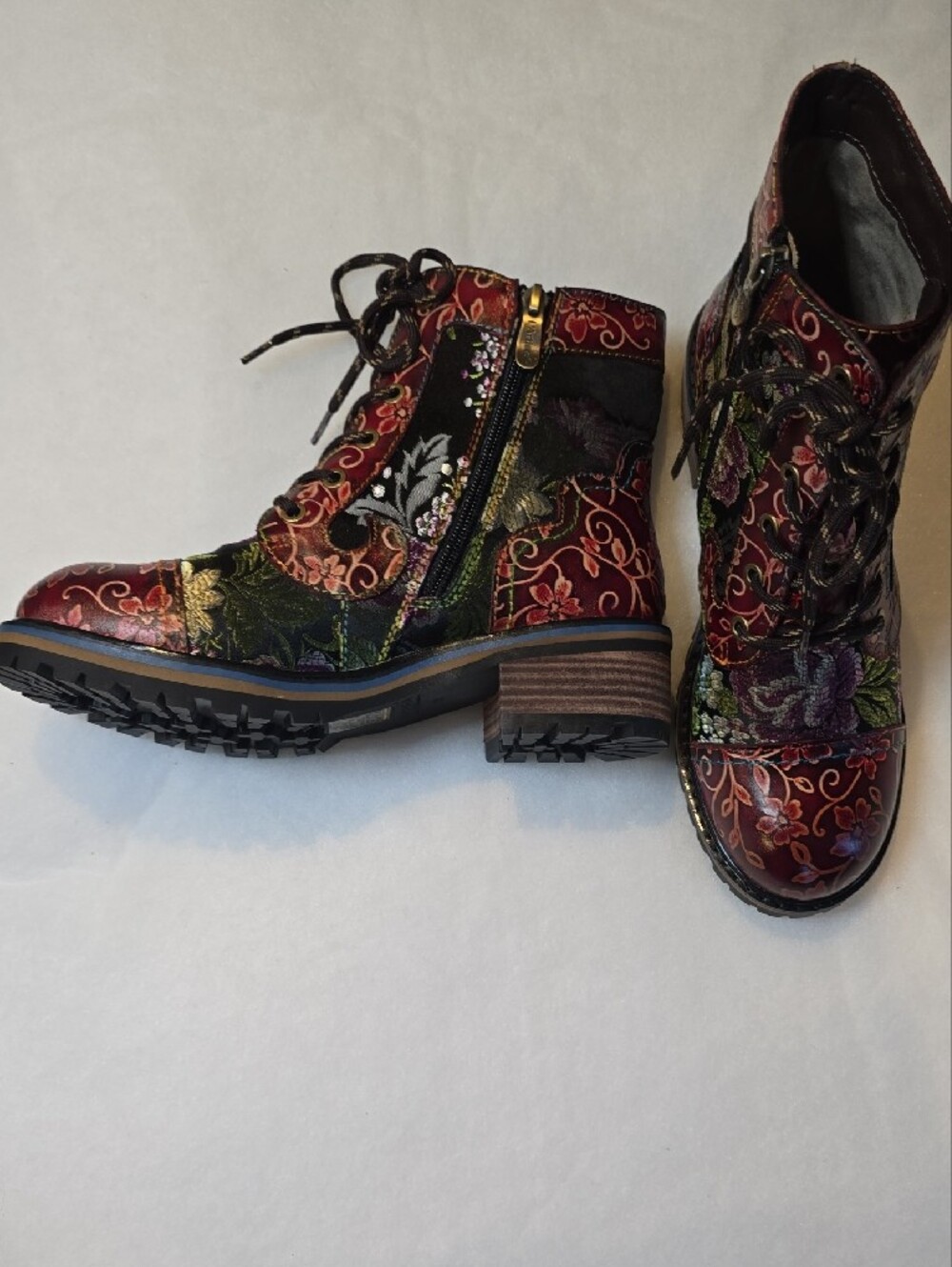 Embroidered Floral Lace-Up Ankle Boots - Burgundy Multi - Picture 3 of 10